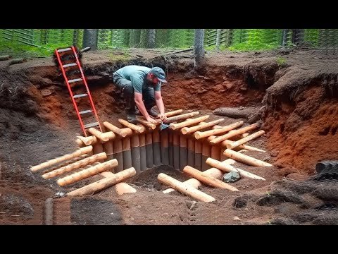 Man Builds 2-Room Log CABIN Underground | Sta...