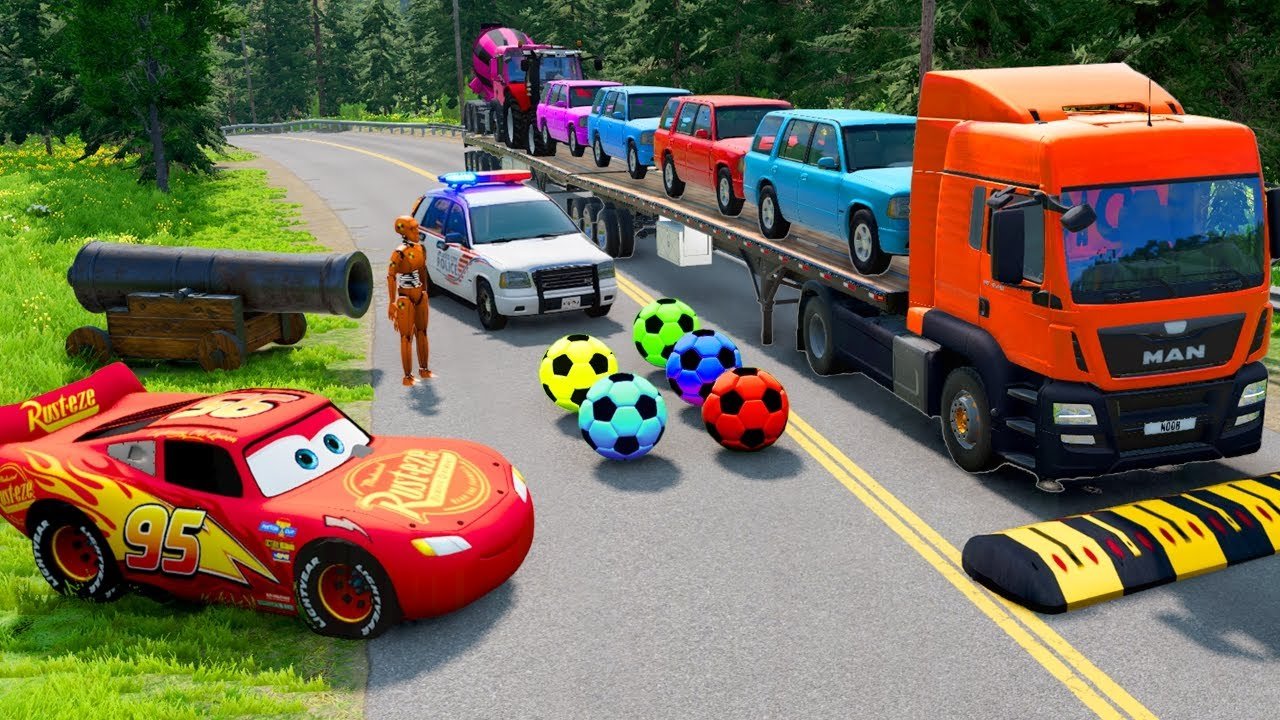 Flatbed Truck McQueen | Transportation with Truck - Pothole vs Car #046 - BeamNG.Drive
