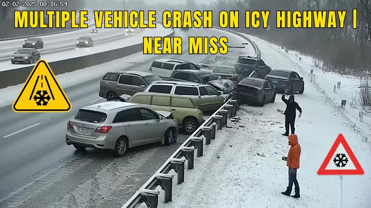 Multi-Vehicle Crash on Icy Highway Caught on Traffic Camera | Near Miss