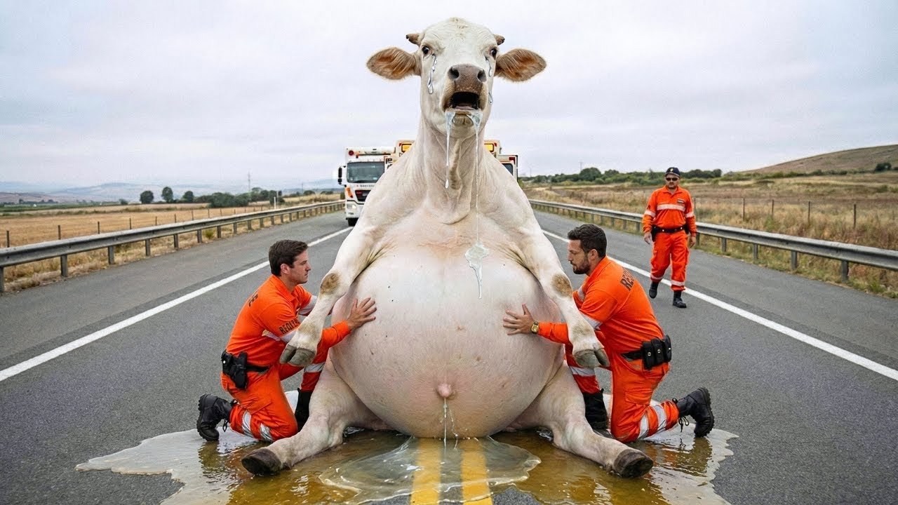 Heroic Rescue Team Saves Pregnant Cow From Near-Deadly Highway Incident