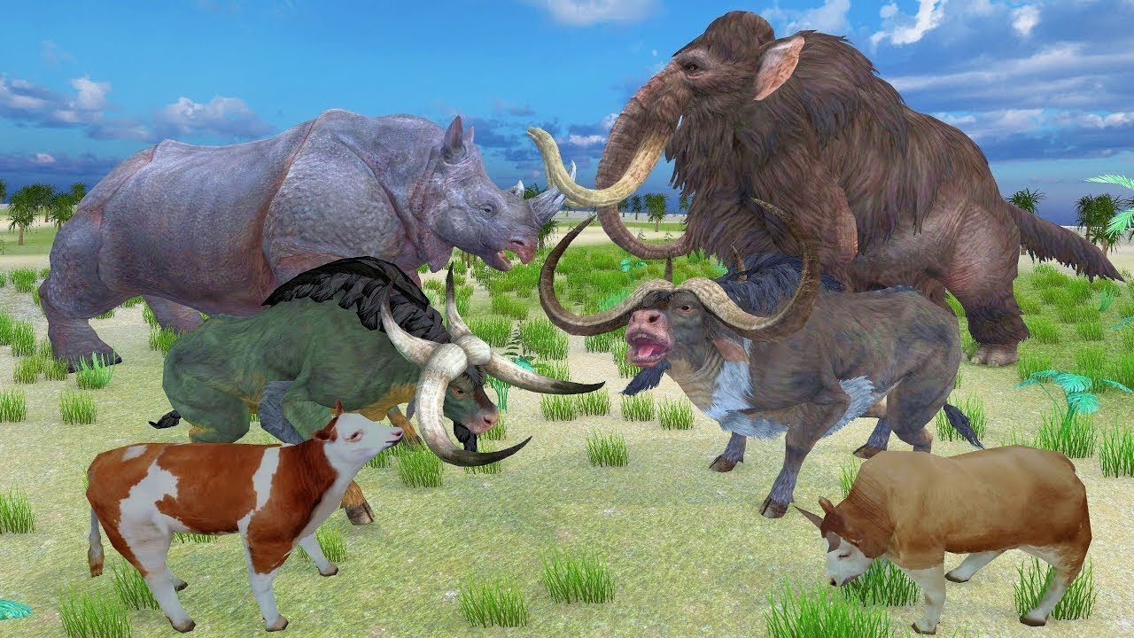 Woolly Mammoth Vs Mudhorn | Woolly Rhino Attack Cartoon Cow and Baby Mammoth Saved by Giant Elephant