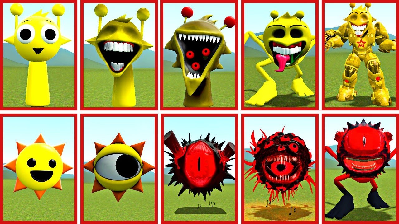 SIZE COMPARISION ALL SIMON SPRUNKI FAMILY VS ALL MR SUN SPRUNKI PHASE 1 - 10 in GARRY'S MOD