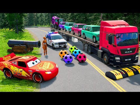 Flatbed Trailer McQueen Transportation with Truck - Speedbumps vs Cars vs Train - BeamNG.Drive #126