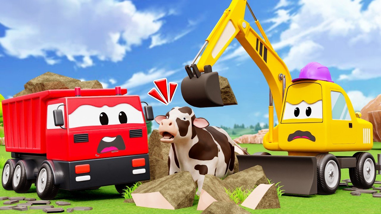Rescues Cows! Spiderman, Excavator, Dump Truck & Mixer Truck Build New Cow Barn | Toy City Vehicles
