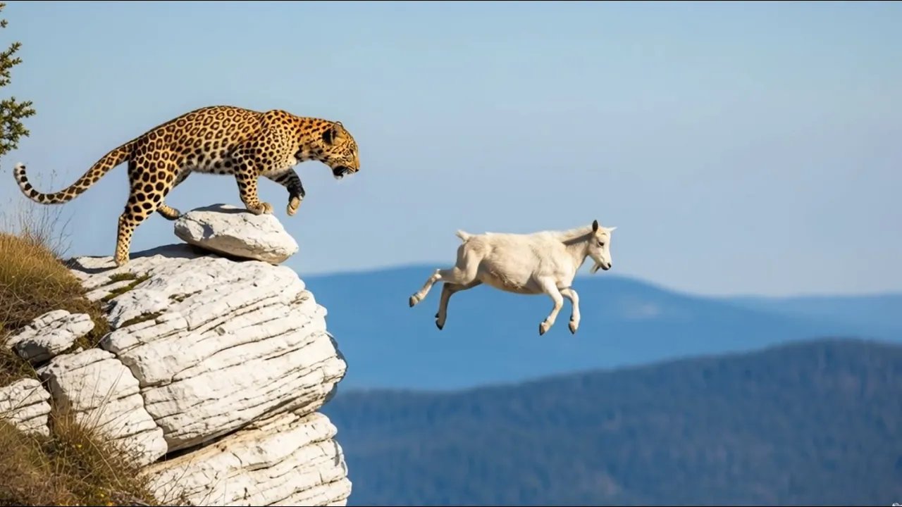 Epic Rock Climb Leopard vs White Goat on a Steep Cliff!