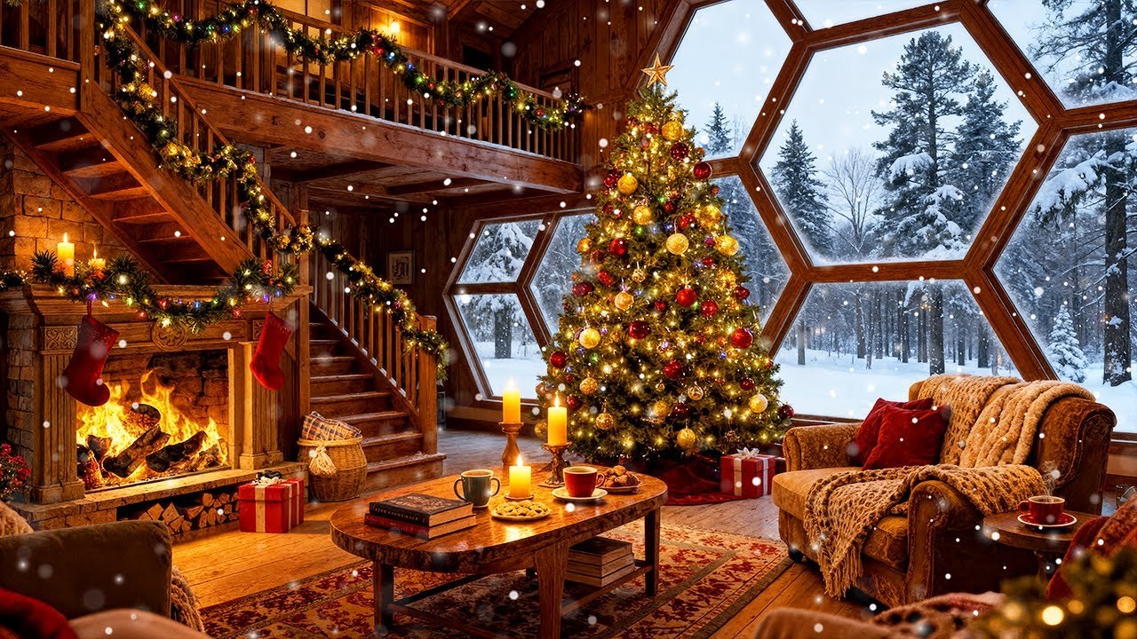Cozy Christmas Cabin Vibes 🎄🔥 Soft Holiday Melodies & Crackling Fireplace for Peaceful Nights