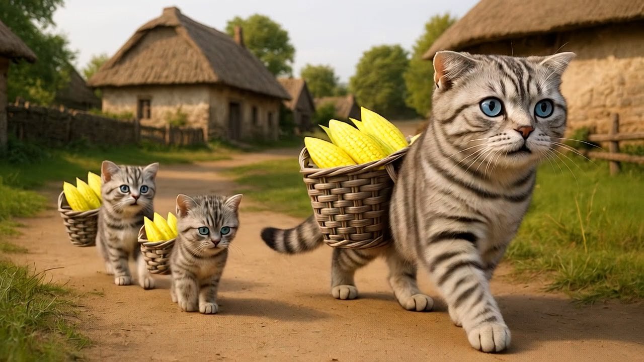 Mama Cat & Kittens Harvest Corn and Makes Tiger Hat For Kittens At Home🐾🧶🎩