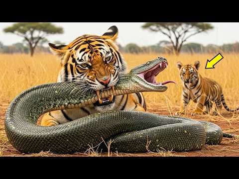 Tiger Cub Faces Attack by Giant Python ‼️ Then Father Tiger Strikes Back