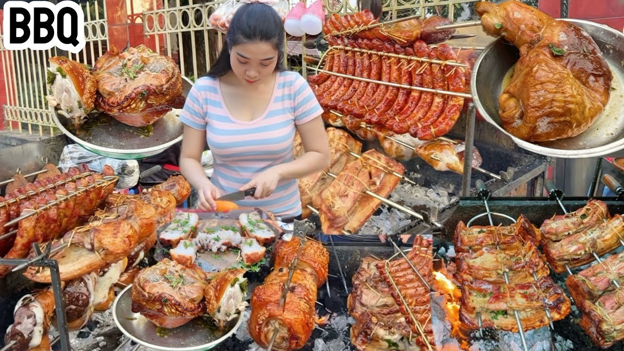 FULL VIDEO BBQ, Best street cuisine, grilled pork leg, grilled pork belly, Grilled stomach